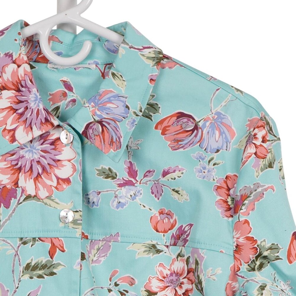 Floral Jacket M Womens Sea Green Buttons Lightweight Spring Easter Pastel - Picture 2 of 4